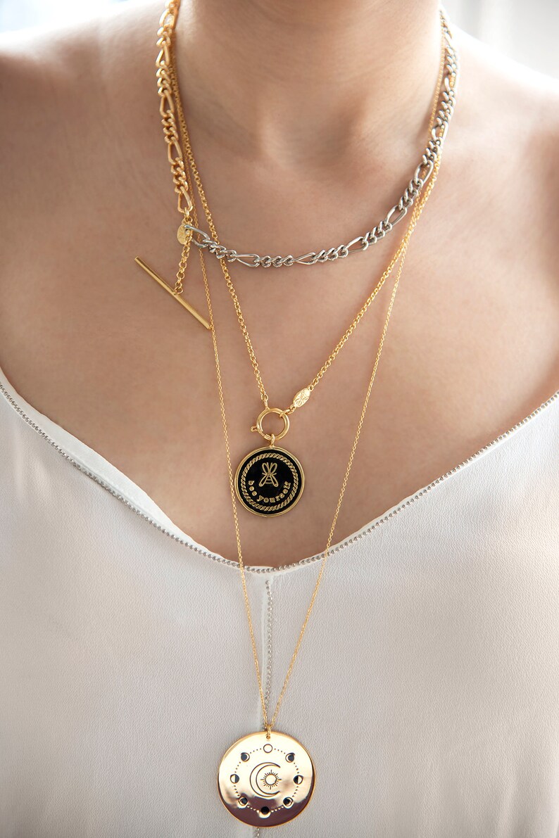 Moon Pendant Necklace, Gold Disc Pendant, Medallion Necklace, Best Celestial Jewelry, Long Coin Necklace, Gift for Her, Astrology Lover Gift image 2