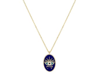Oval Eye Necklace, Navy Blue Eye Pendant, Enamel Nazar Necklace, Greek Eye Jewelry, Ethnic Style Necklace, Gift for Her, Women Birthday Gift