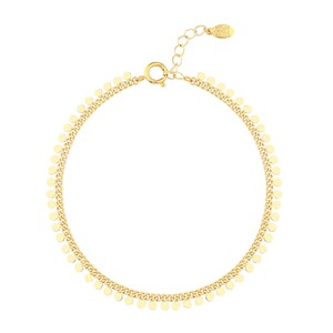 May include: A gold chain bracelet with small, round charms hanging from it.