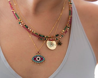 Evil Eye Necklace, Multicolor Eye Pendant, Colorful Enamel Necklace, Indian Style Jewelry, Trendy Ethnic Necklace, Gift for Mother