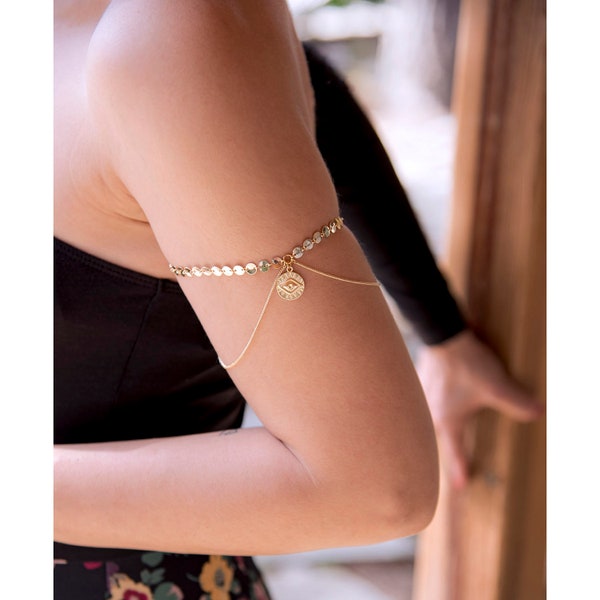 Bohemian Arm Chain, Upper Arm Bracelet, Coin Chain Armlet, Layered Arm Jewelry, Eye Charm Bracelet, Summer Body Jewelry, Gift for Women