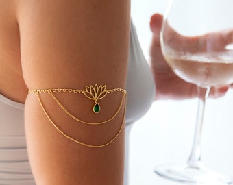Green Lotus Armlet, Unique Body Accessory, Green CZ Arm Chain, Yoga Lover Jewelry, Dangle Arm Bracelet, Gift for Wife Christmas Gift for Her