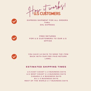 Puede incluir: Un gr&aacute;fico con una marca de verificaci&oacute;n roja y texto que dice "&iexcl;C&oacute;mo funciona! CLIENTES DE EE. UU." y detalla el env&iacute;o expr&eacute;s, las devoluciones gratuitas y los tiempos de env&iacute;o estimados para los clientes de EE. UU.