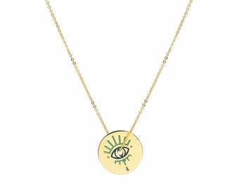 Round Eye Pendant, Center Hole Necklace, Engraved Eye Medallion, Brass Nazar Necklace, Evil Eye Jewelry, Gift for Her, Bridal Shower Gift