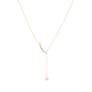 Crescent and Star Pendant, Diamond Lunar Necklace,  Dainty Moon Jewelry, Celestial Lariat Necklace, Astrology Lover Gift, Best Summer Gift