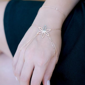 Flower Hand Chain, CZ Slave Bracelet, Flower Finger Chain, Wedding Finger Bracelet, Indian Style Jewelry, Rose Gold Bracelet, Gift for Bride image 1