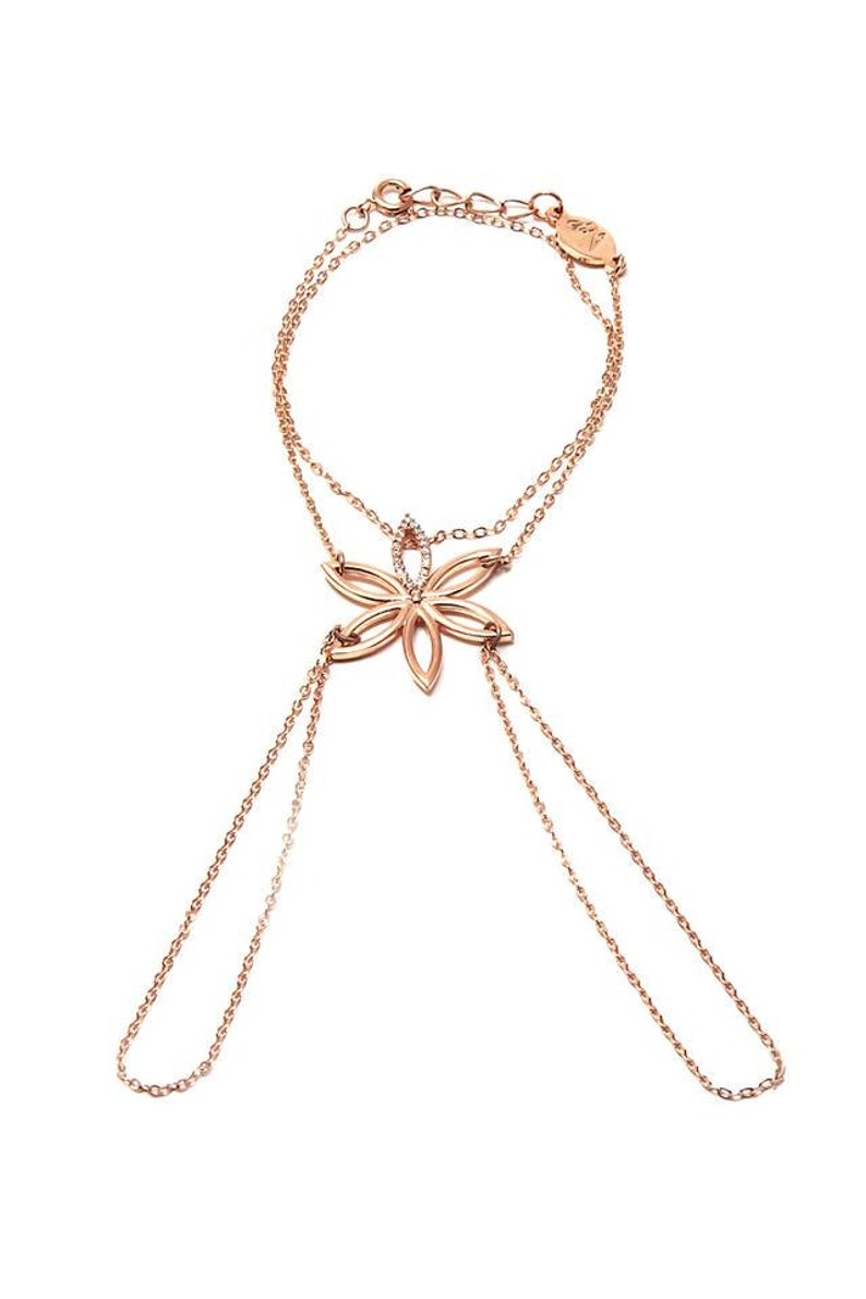Flower Hand Chain, CZ Slave Bracelet, Flower Finger Chain, Wedding Finger Bracelet, Indian Style Jewelry, Rose Gold Bracelet, Gift for Bride image 3