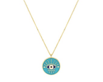 Blue Evil Eye Necklace, Arabic Eye Pendant, Vintage Disc Necklace, Traditional Jewelry, Turquoise Retro Necklace, Women Birthday Gift