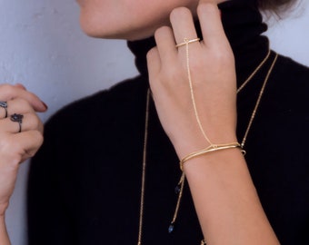 Dainty Slave Bracelet, Gold Ring Chain, Ring To Bracelet, Simple Hand Jewelry, Boho Slave Chain, Ethnic Themed Jewelry