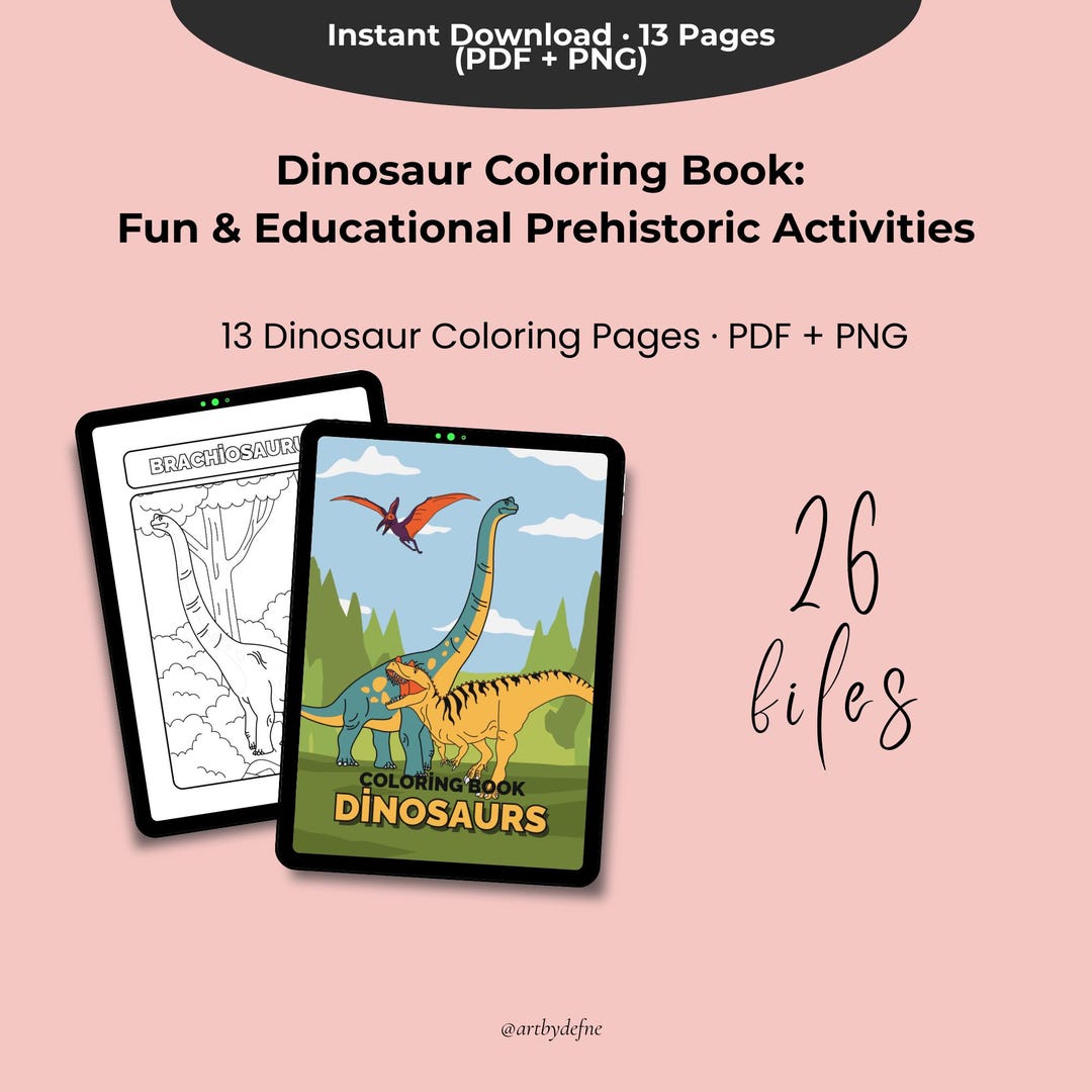 Dinosaur Coloring Book | 13 Printable Pages for Kids (PDF + PNG Digital ...