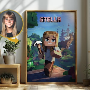 Könnte beinhalten: Eine digitale Illustration eines weiblichen Charakters aus dem Videospiel Minecraft. Der Charakter hält eine Spitzhacke und steht in einer Minecraft-Welt. Der Name des Charakters, "Stella", steht in der oberen rechten Ecke des Bildes.