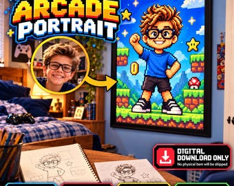 Custom 16-Bit Arcade Portrait from Photo, Arcade Decor Birthday Gift, Personalized Arcade Art Print, Retro Gaming Room Wall Art