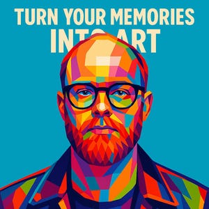 Op de afbeelding: Een levendig pop-art portret van een man met een bril en baard, weergegeven in een moza&iuml;ek van heldere kleuren tegen een turquoise achtergrond. De tekst "TURN YOUR MEMORIES INTO ART" wordt bovenaan weergegeven.