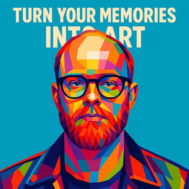 Op de afbeelding: Een levendig pop-art portret van een man met een bril en baard, weergegeven in een moza&iuml;ek van heldere kleuren tegen een turquoise achtergrond. De tekst "TURN YOUR MEMORIES INTO ART" wordt bovenaan weergegeven.