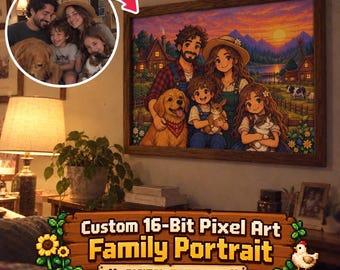 Custom 16 Bit Pixel Art Family Portrait, Personalized Farming Game Portrait from Photo, Retro Gamer Gift with Pets, Digital Wall Art