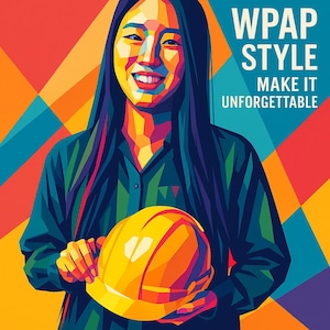 Op de afbeelding: Een kleurrijke pop-art illustratie van een persoon die een gele helm vasthoudt. De persoon draagt een donkergroen overhemd. De afbeelding bevat de tekst "WPAP STYLE MAKE IT UNFORGETTABLE" in het wit.