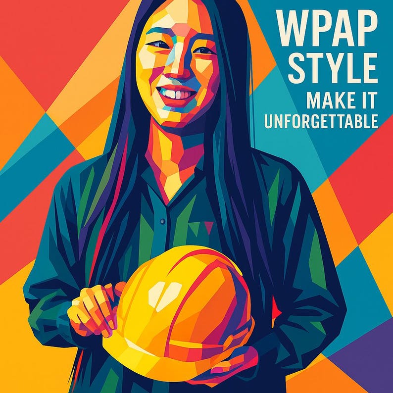 Op de afbeelding: Een kleurrijke pop-art illustratie van een persoon die een gele helm vasthoudt. De persoon draagt een donkergroen overhemd. De afbeelding bevat de tekst "WPAP STYLE MAKE IT UNFORGETTABLE" in het wit.