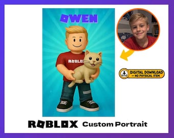May include: A digital portrait featuring a Roblox-style character with blonde hair, a red shirt with the Roblox logo, and blue jeans, holding a tan cat. The name OWEN is displayed above. Includes a circular photo of a boy and text: DIGITAL DOWNLOAD.