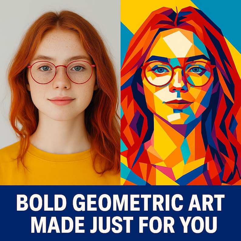 Op de afbeelding: Een gesplitste afbeelding met een vrouw met rood haar en een bril naast een geometrisch kunstportret. De kunst gebruikt levendige kleuren. De tekst onderaan luidt "BOLD GEOMETRIC ART MADE JUST FOR YOU."