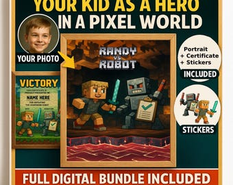 Custom Pixel Hero Portrait Bundle – Full Digital Gift with Certificate + Stickers – Choose Your Scene – Personalized Gamer Art