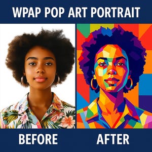 Op de afbeelding: Een gesplitste afbeelding toont een portret voor en na een pop-art transformatie. De "voor" afbeelding is een realistische foto van een persoon met een donkere huid, krullend haar en gouden oorringen. De "na" afbeelding is een levendige pop-art weergave.