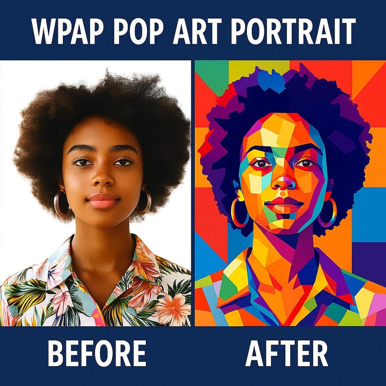 Op de afbeelding: Een gesplitste afbeelding toont een portret voor en na een pop-art transformatie. De "voor" afbeelding is een realistische foto van een persoon met een donkere huid, krullend haar en gouden oorringen. De "na" afbeelding is een levendige pop-art weergave.