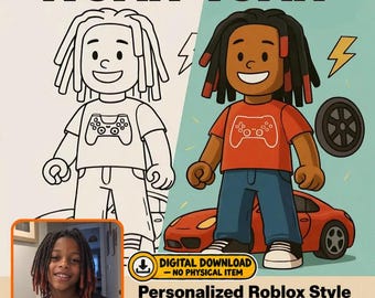 May include: A digital illustration featuring a cartoon character named NOAH with dreadlocks, wearing a t-shirt with a game controller graphic, standing next to a red sports car. Includes a black and white line art version and a photo reference.