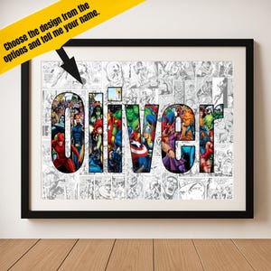 Puede incluir: Una impresión enmarcada con el nombre "Oliver" escrito en letras grandes. Cada letra está compuesta por un collage de personajes de cómics de Marvel Comics. El fondo es un collage de viñetas de cómics.