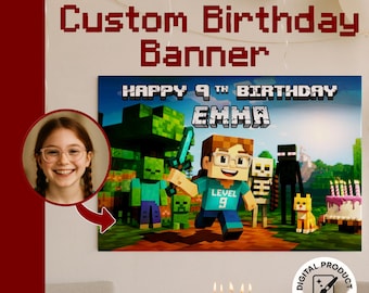 Custom Pixelated Block-Style Birthday Banner from Photo | Personalized Gamer Gift | Birthday Backdrop | Printable Birthday Welcome Sign