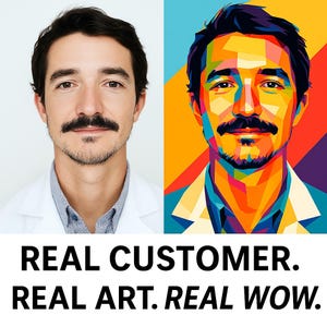 Op de afbeelding: Een gesplitste afbeelding met een portret van een man en een pop-artversie van hetzelfde gezicht. De pop-artkant gebruikt heldere kleuren. Hieronder staat de tekst: "REAL CUSTOMER. REAL ART. REAL WOW."