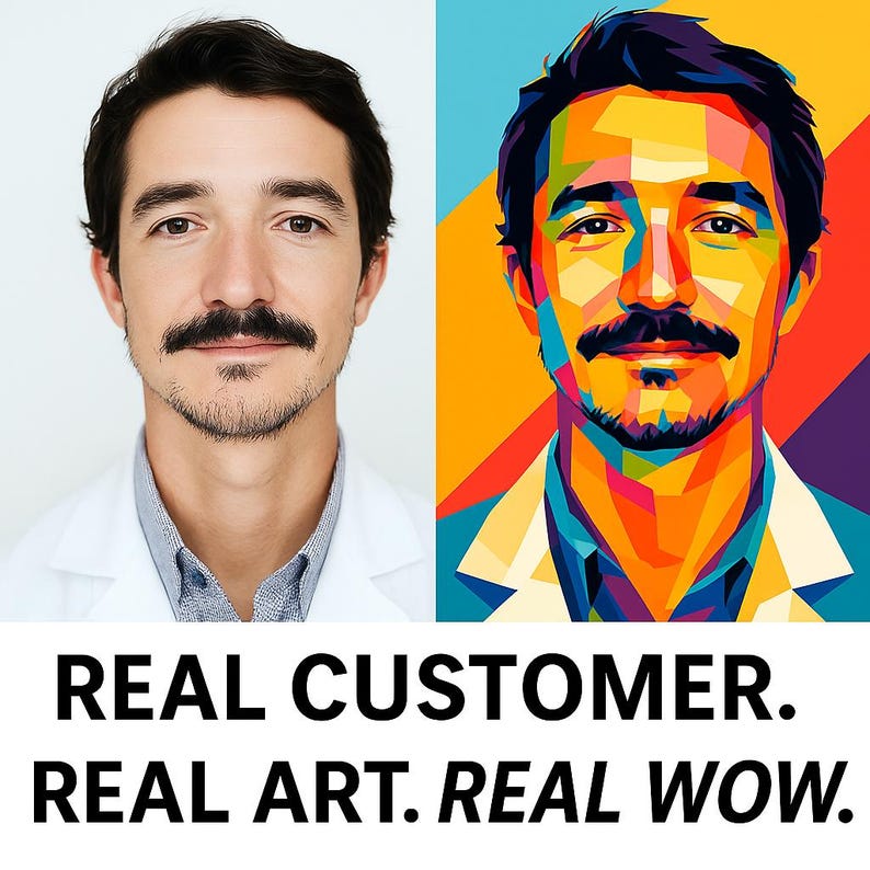 Op de afbeelding: Een gesplitste afbeelding met een portret van een man en een pop-artversie van hetzelfde gezicht. De pop-artkant gebruikt heldere kleuren. Hieronder staat de tekst: "REAL CUSTOMER. REAL ART. REAL WOW."