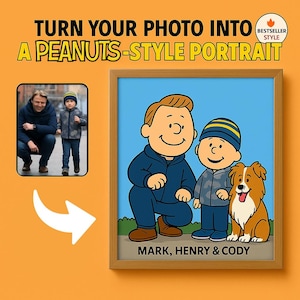 Custom Peanuts Style Portrait – Personalized Cartoon Drawing from Photo. Unique Gift for Family, Kids, Couples & Pet Lovers. Digital Product