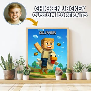 Chicken Jockey Custom Portrait – Funny Birthday PNG for Kids – Cute Video Game Style Character Riding Chicken – Digital Download