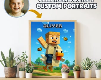 Chicken Jockey Custom Portrait – Funny Birthday PNG for Kids – Cute Video Game Style Character Riding Chicken – Digital Download