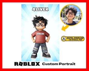 May include: A digital portrait featuring a Roblox-style character with black hair and glasses, wearing a red shirt with the Roblox logo and gray pants. Above the character is the name OLIVER. A circular inset shows a photograph of a boy.