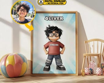 May include: A digital print featuring a cartoon-style character with dark hair and glasses, wearing a red Roblox t-shirt and grey pants. The name OLIVER is printed above the character. A circular inset shows a photograph of a boy with matching features.