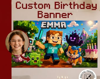 Custom Pixelated Block-Style Birthday Banner from Photo | Personalized Gamer Gift | Birthday Backdrop | Printable Birthday Welcome Sign