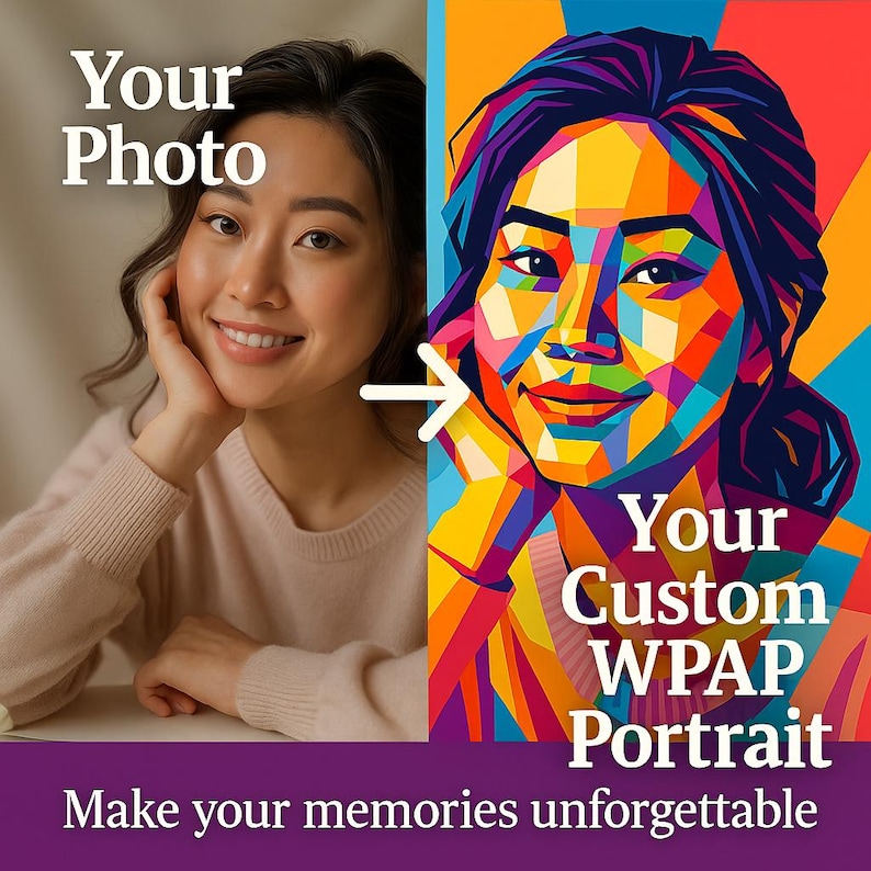 Op de afbeelding: De afbeelding toont een foto van een vrouw die transformeert in een kleurrijk WPAP-portret. De linkerkant toont een foto van een vrouw, terwijl de rechterkant een levendig, geometrisch portret toont. Tekst bevat "Your Photo" en "Your Custom WPAP Portrait."