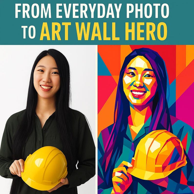 Op de afbeelding: Afbeelding toont een vrouw met een gele helm, met de tekst "FROM EVERYDAY PHOTO TO ART WALL HERO" bovenaan. De afbeelding is verdeeld, met een foto aan de linkerkant en een kleurrijke pop-art afbeelding aan de rechterkant.