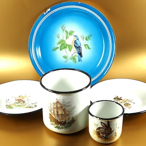 Set of 5 Vintage 1943 Collectible Dishes Enamel/Hand Painted Enamel Plates Cups Metal Ukraine/Home Decor Gift/Original Antique Art Gift/Cup