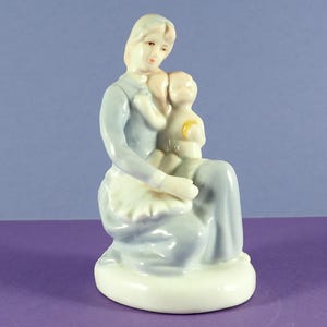 Large 11 cm Figure Mother with Child Retro Germany Porcelain/Original Porcelain Statuette/First Steps/Art Gift/Old Vintage/Art Blue Old/Art