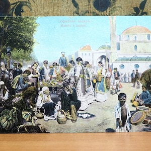 Vieux marché de Sofia Bulgarie/Costume national 1900/Studio photographique/Carte postale ancienne originale/Exposition d'antiquités/Studio photo/Bijoux fantaisie folkloriques
