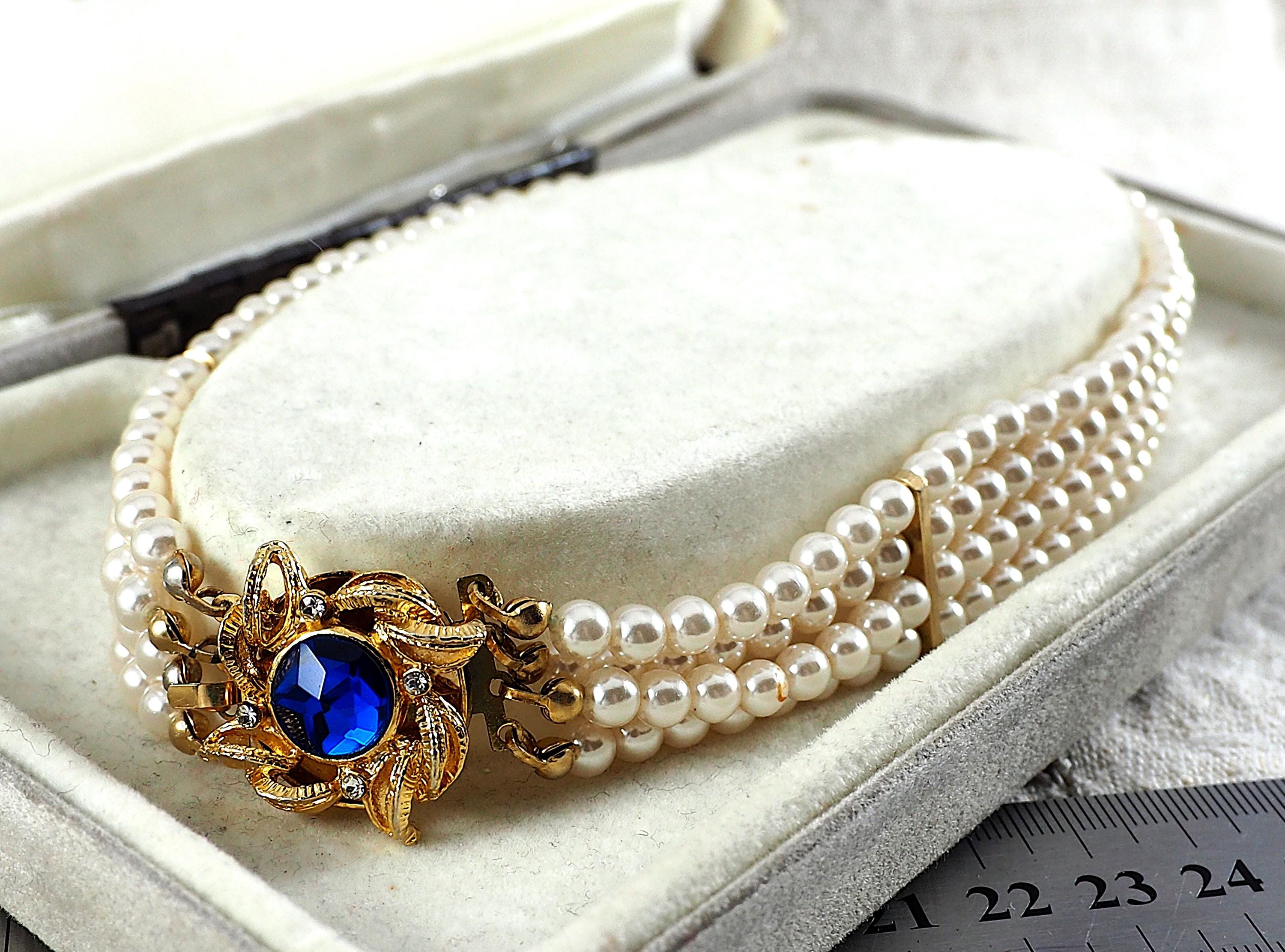 Vintage Pearl Choker: Blue Crystal, Gold Plated, Kopy Katz