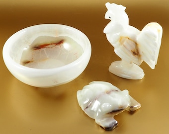 Handgefertigte Onyx Figuren Set: Hahn, Frosch & Schüssel