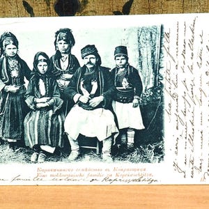 Sarakachan Karakachan Griechen Familie Alte Postkarte Original/Antik 1903 Jahr Ausstellungsstück/Bulgarien Stadt Koprivshtitsa/Volkstracht Schmuck Griechenland