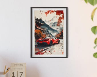 Japanese art poster with red supercar Elegant car motif in autumn design