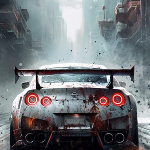 May include: A white sports car with a large rear wing and red taillights. The car is covered in dirt and grime, and the rear bumper has a license plate that reads "GE115-4911".