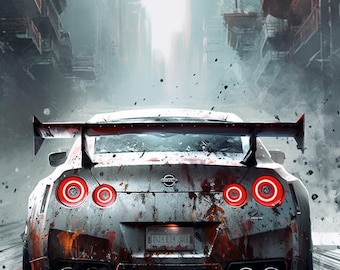 Post-apocalyptic Nissan GTR R35 Wallpaper – Dark Urban Art for Car and JDM Fans