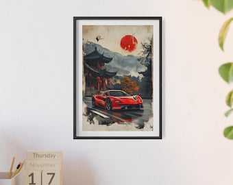 Japanese art poster with red supercar Elegant car motif in autumn design