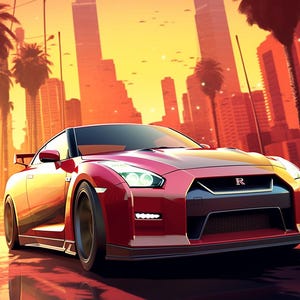 Könnte beinhalten: Ein rotes Sportwagen mit schwarzer Frontstoßstange und schwarzem Spoiler. Das Auto steht vor einer Skyline mit Palmen und einem Sonnenuntergang im Hintergrund.